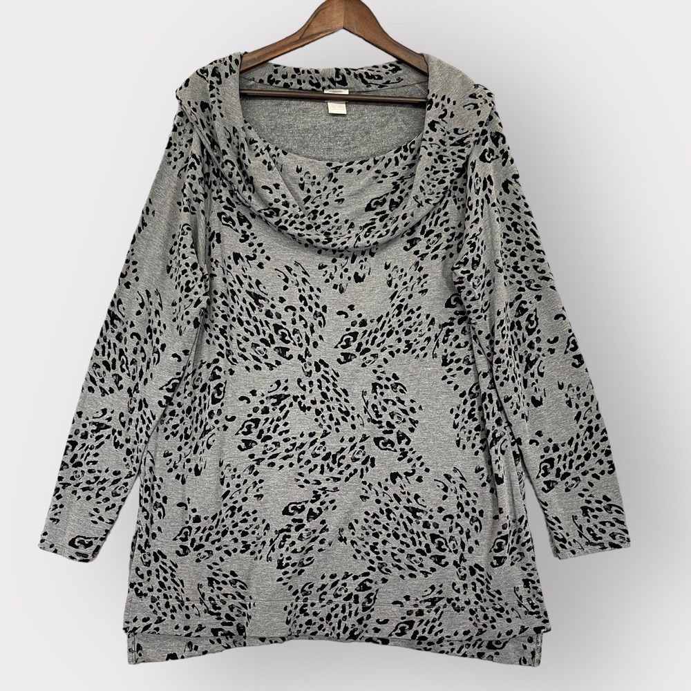 Chicos Zenergy Womens Cowl Neck Leopard Print Tunic Top Grey Black Size 2 US L